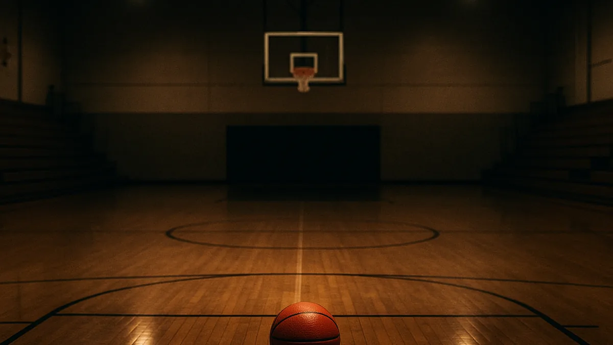An empty high school basketball gymnasium at night, polished hardwood catching the overhead lights, bleachers folded back, one basketball resting at the free-throw line