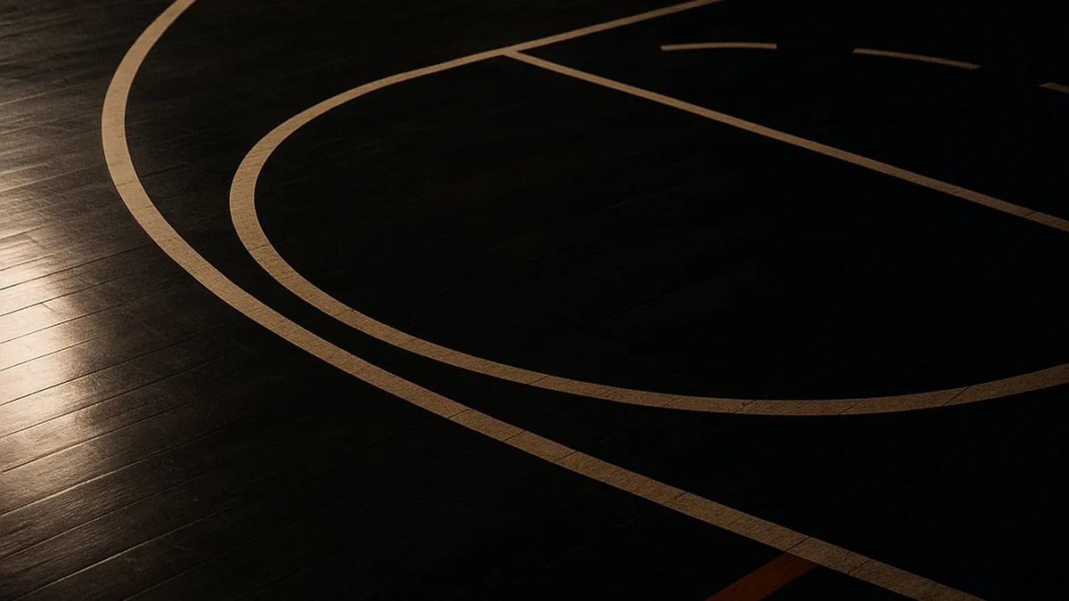 Top-down abstract of painted court lines on dark polished maple — the arc, the lane, the centre circle — nobody in frame