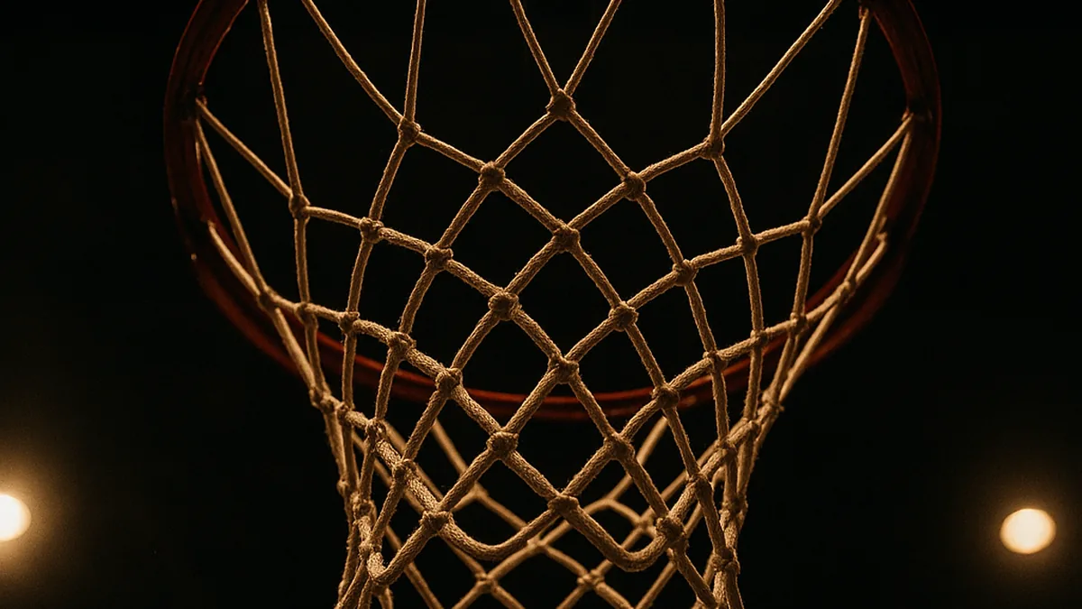 A close low-angle shot of a basketball rim and net from below, lit from above, dark roof structure behind, nobody in frame