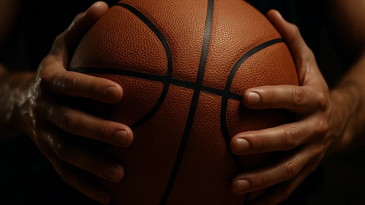 An adult player's hands gripping a basketball at waist height, tight crop, no face, no jersey markings visible